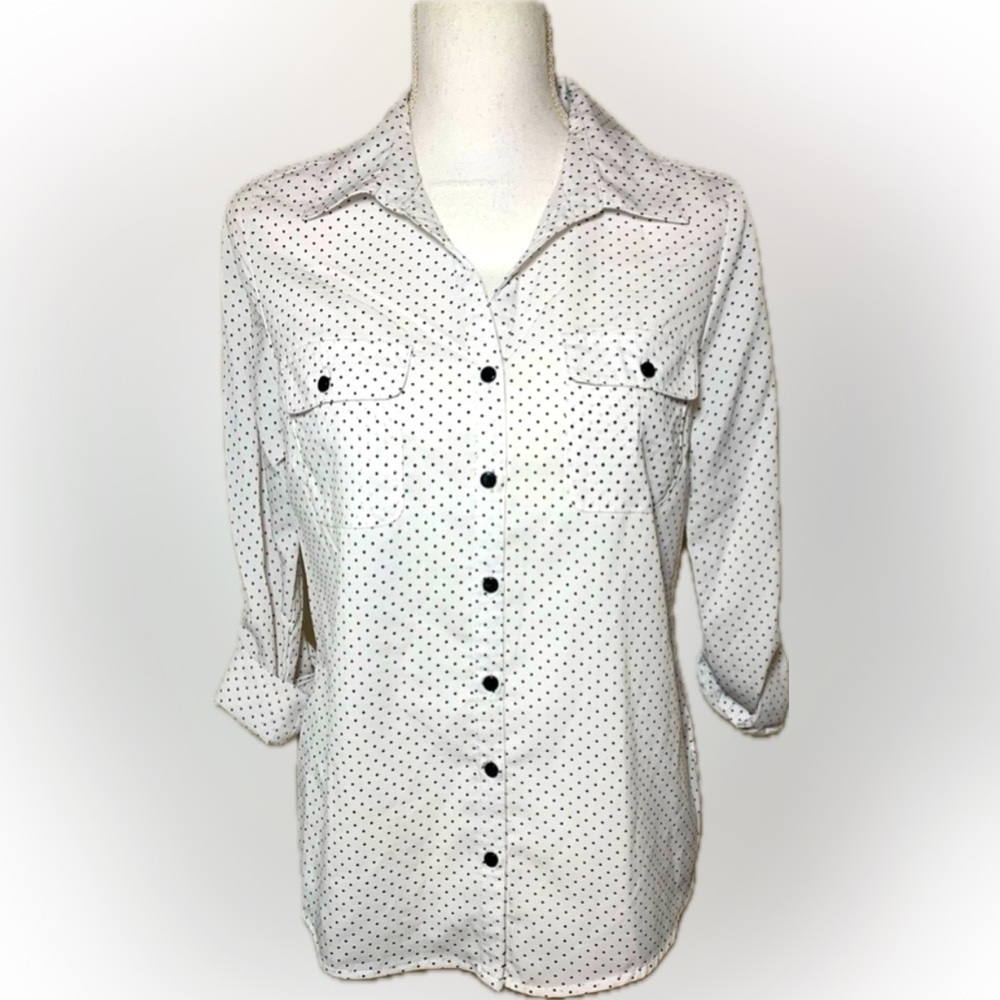 NY Collection Polka Dot Button Down Roll Tab Long Sleeve Shirt Women PM NWT